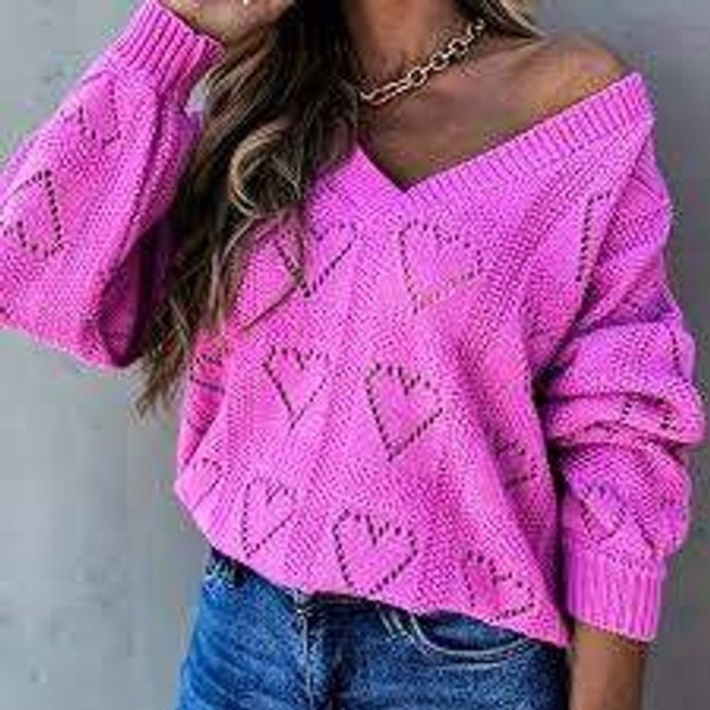 Womens Hot Pink Heart Pointelle Knit Oversized Pullover Sweater XXL Coquet Girly